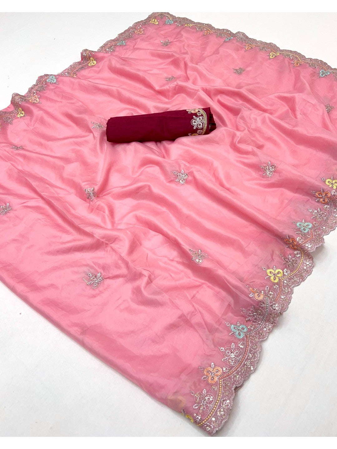 Elite Designer Pink Crystal Tissue Saree Showcasing Floral Embroidery & Sequins Detailing - Image 2