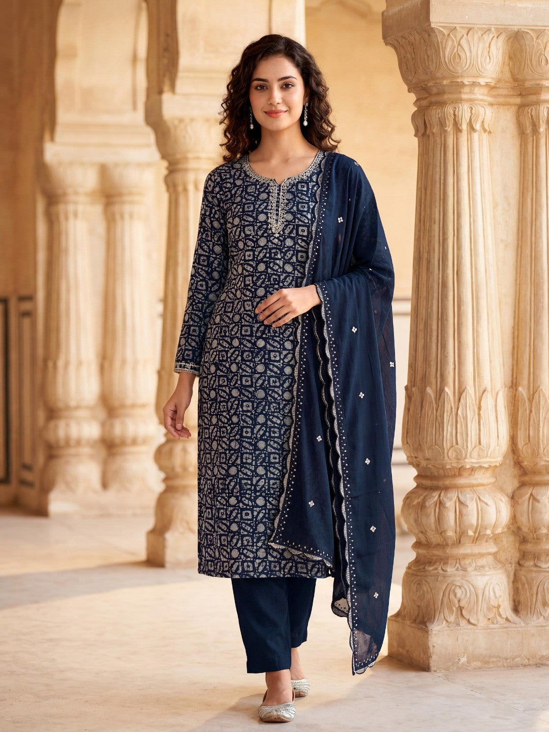 Blue Abstract Printed Silk Blend Semi-Stitched Suit Set - Image 1