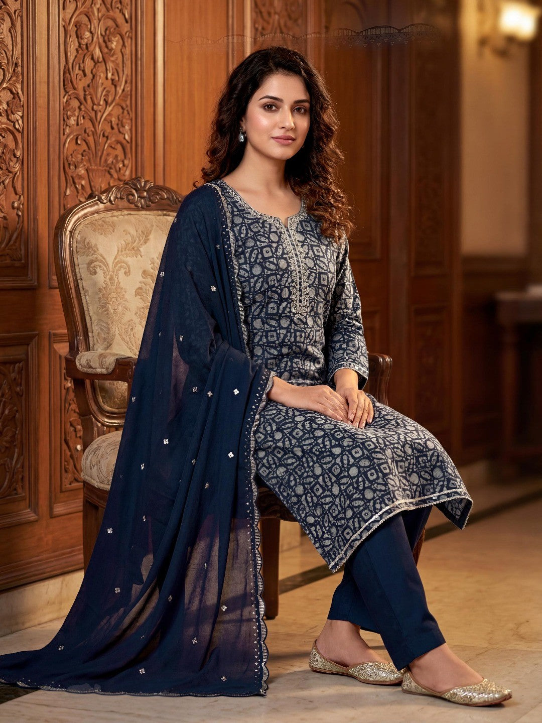 Blue Abstract Printed Silk Blend Semi-Stitched Suit Set - Image 2