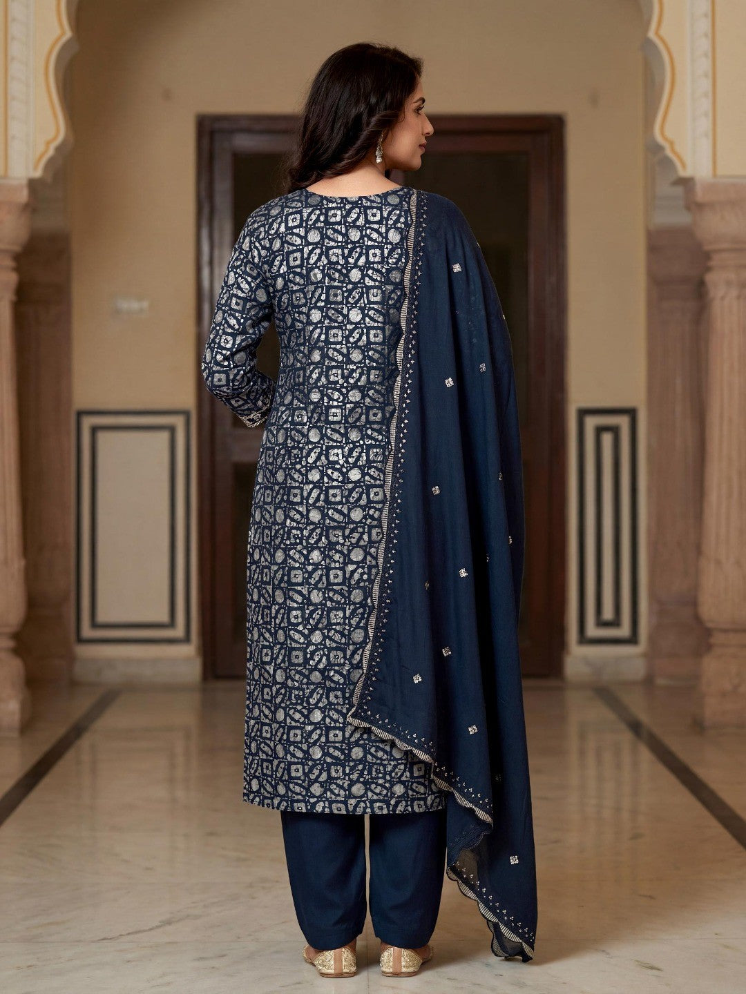 Blue Abstract Printed Silk Blend Semi-Stitched Suit Set - Image 3