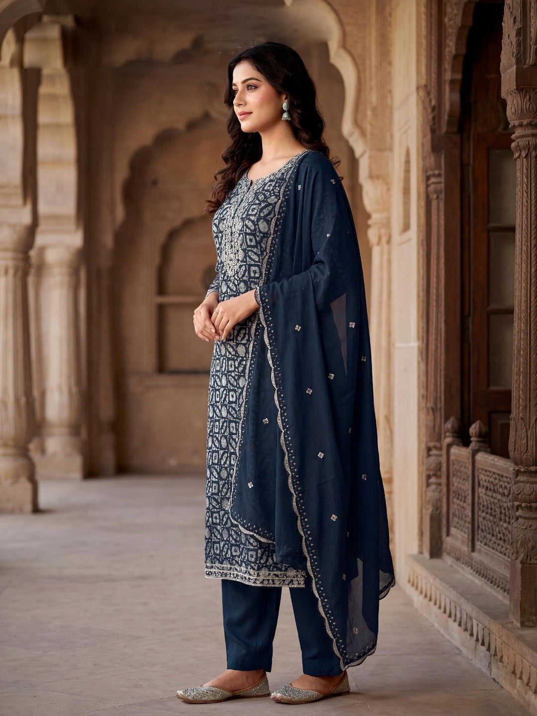 Blue Abstract Printed Silk Blend Semi-Stitched Suit Set - Image 4