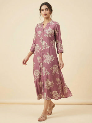 Dusty Pink Floral Printed Viscose A-Line Casual Dress with Comfortable Fit - Image 1