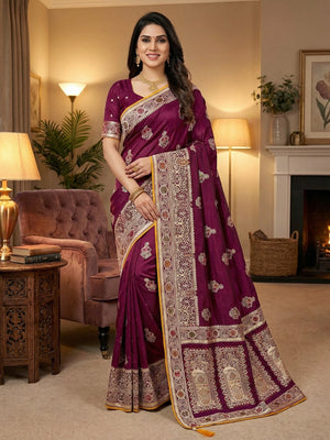 Classic Wine Satin Saree Enhanced By Fine Weaving Craft & Sophisticated Stone Work - Image 1