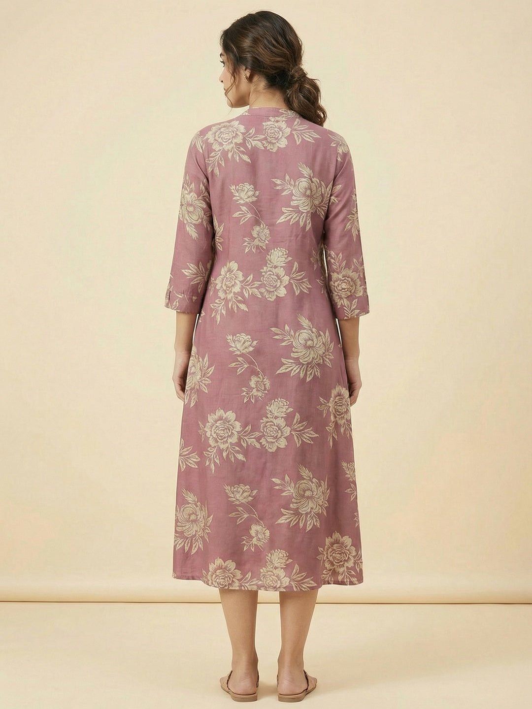 Dusty Pink Floral Printed Viscose A-Line Casual Dress with Comfortable Fit - Image 2