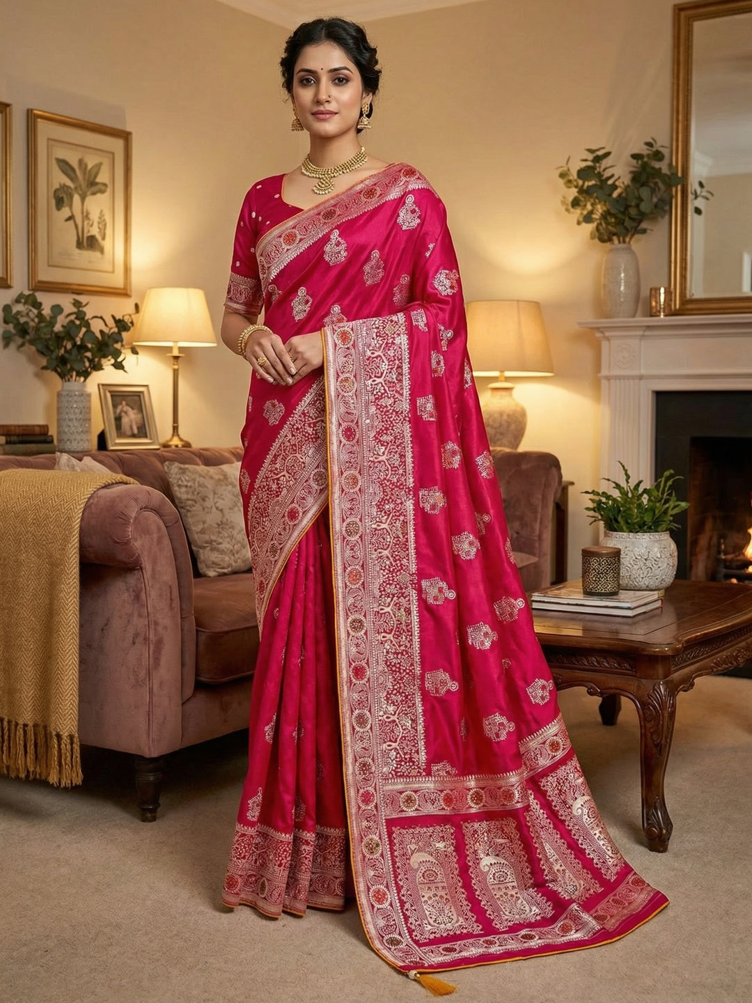 Classic Pink Satin Saree Enhanced By Fine Weaving Craft & Sophisticated Stone Work - Image 1
