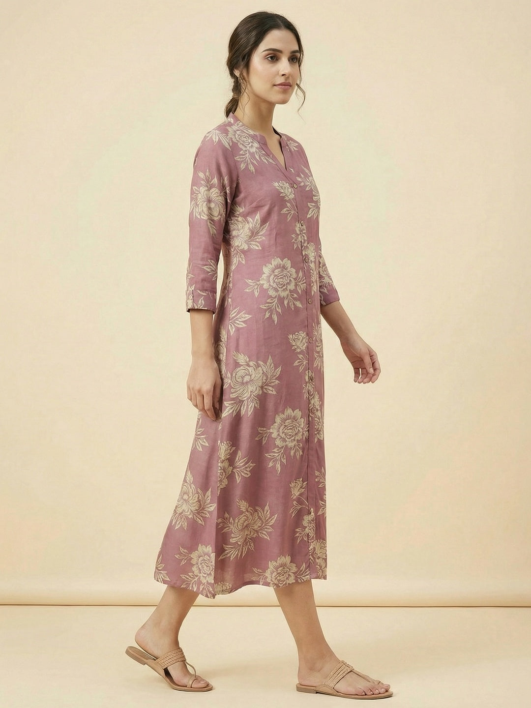 Dusty Pink Floral Printed Viscose A-Line Casual Dress with Comfortable Fit - Image 3