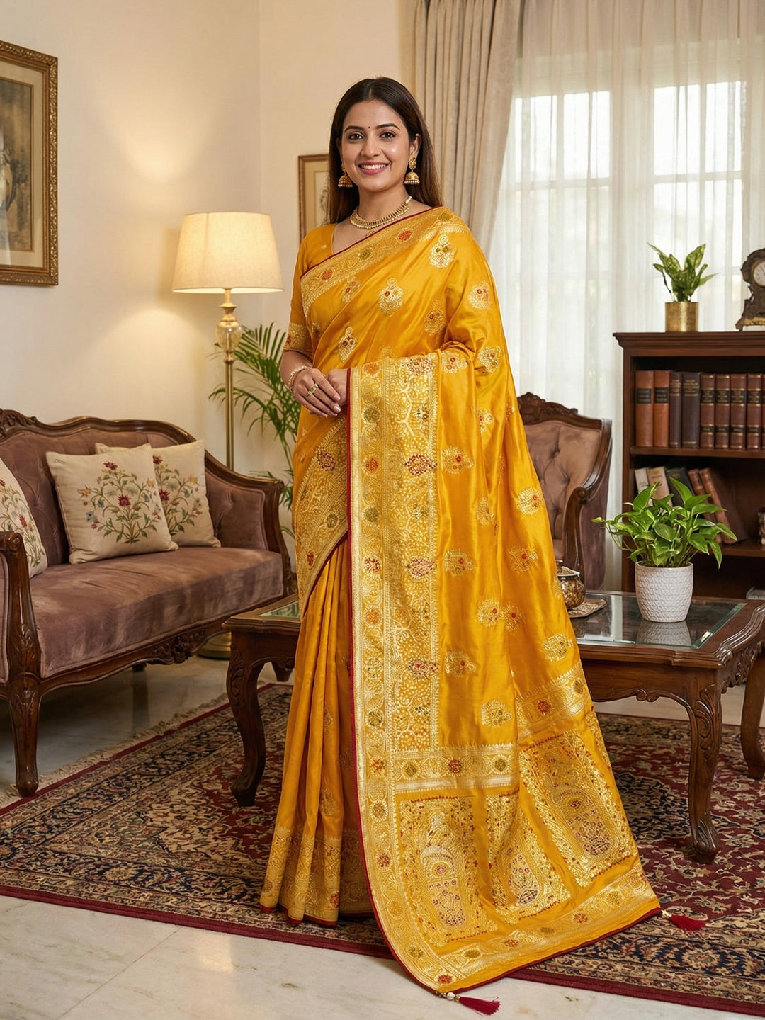 Classic Mustard Satin Saree Enhanced By Fine Weaving Craft & Sophisticated Stone Work - Image 1