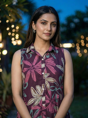 Elegant Purple Floral Printed Rayon A-Line Top Bottom Set - Image 2