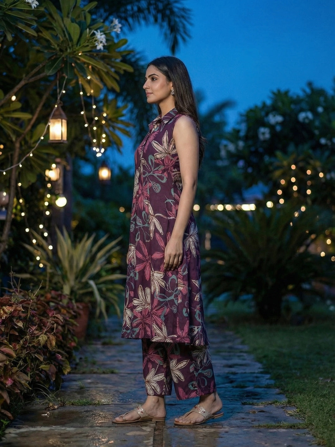 Elegant Purple Floral Printed Rayon A-Line Top Bottom Set - Image 5