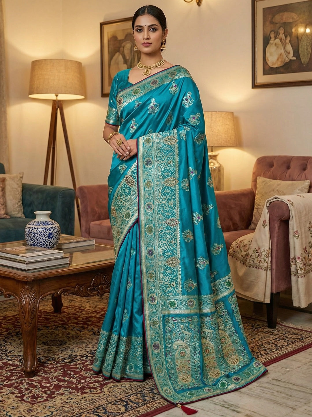 Classic Peacock Blue Satin Saree Enhanced By Fine Weaving Craft & Sophisticated Stone Work - Image 1