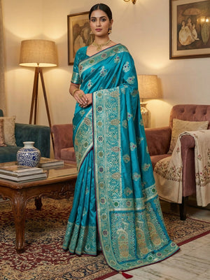 Classic Peacock Blue Satin Saree Enhanced By Fine Weaving Craft & Sophisticated Stone Work - Image 1