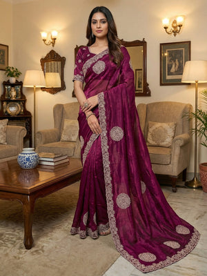 Elegant Wine Organza Satin Silk Saree Adorned With Fine Embroidery & Swarovski Work - Image 1