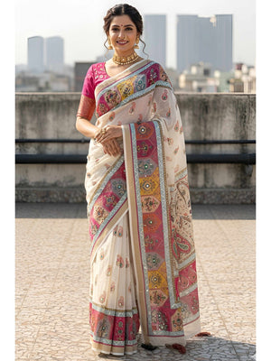Offwhite Linen Saree Adorned with Paisley Prints and Elegant Embroidery Design - Image 1