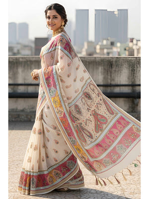 Offwhite Linen Saree Adorned with Paisley Prints and Elegant Embroidery Design - Image 2