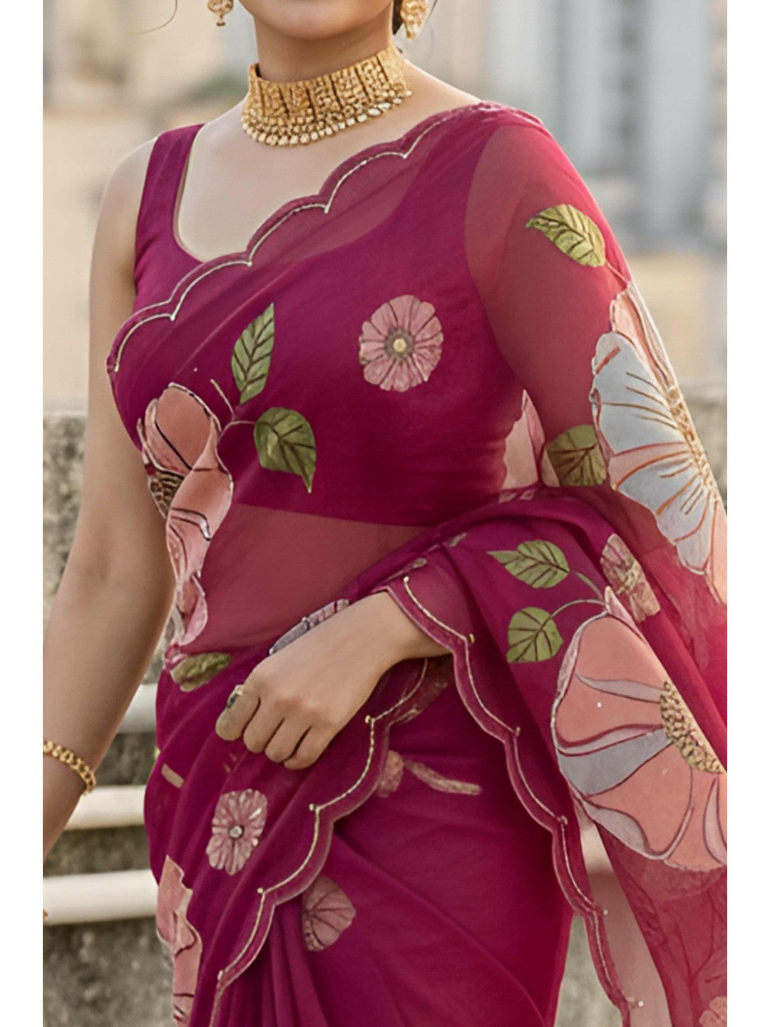 Wine Floral Embellished Organza Saree with Delicate Bead Handwork - Image 3