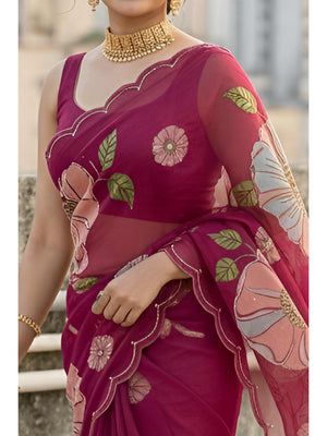 Wine Floral Embellished Organza Saree with Delicate Bead Handwork - Image 2