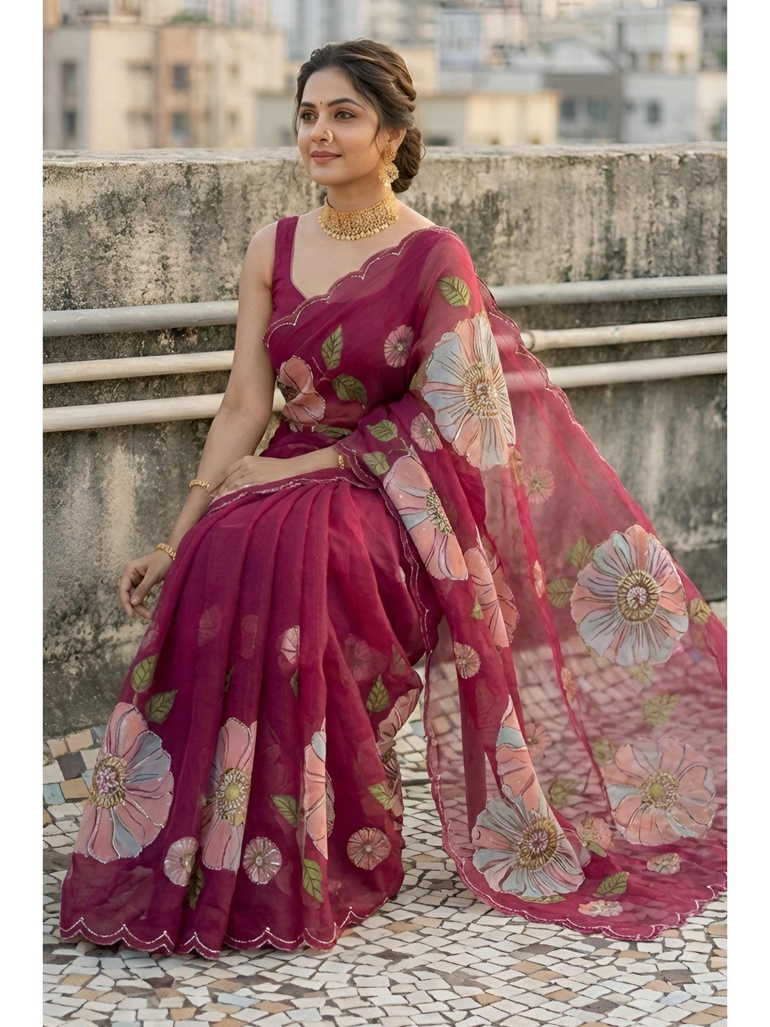 Wine Floral Embellished Organza Saree with Delicate Bead Handwork - Image 5
