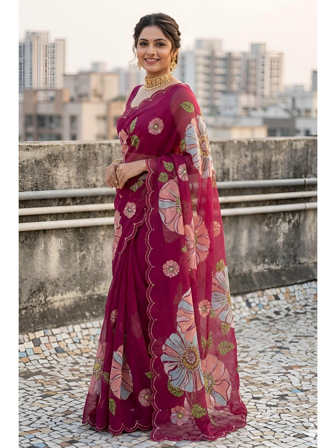 Wine Floral Embellished Organza Saree with Delicate Bead Handwork - Image 7