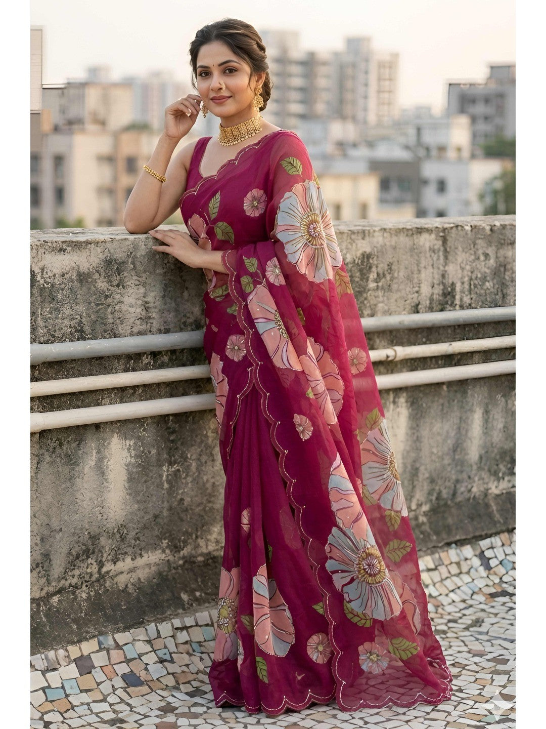 Wine Floral Embellished Organza Saree with Delicate Bead Handwork - Image 6