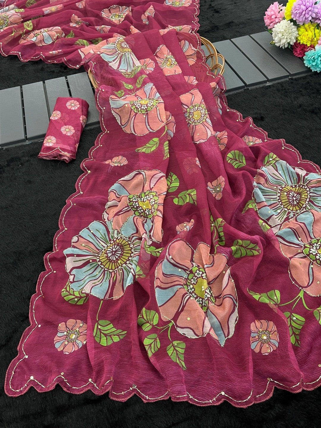 Wine Floral Embellished Organza Saree with Delicate Bead Handwork - Image 4