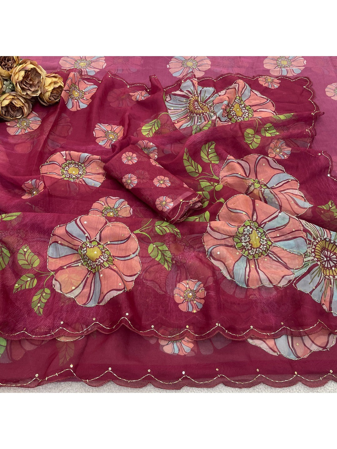 Wine Floral Embellished Organza Saree with Delicate Bead Handwork - Image 2