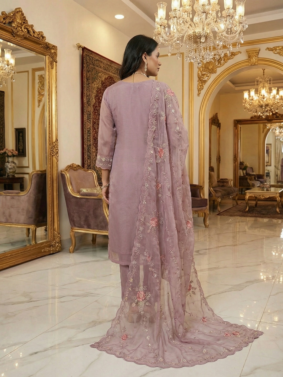 Festive Wear Lavender Floral Embroidered Organza Salwar Suit with Elegant Dupatta - Image 3