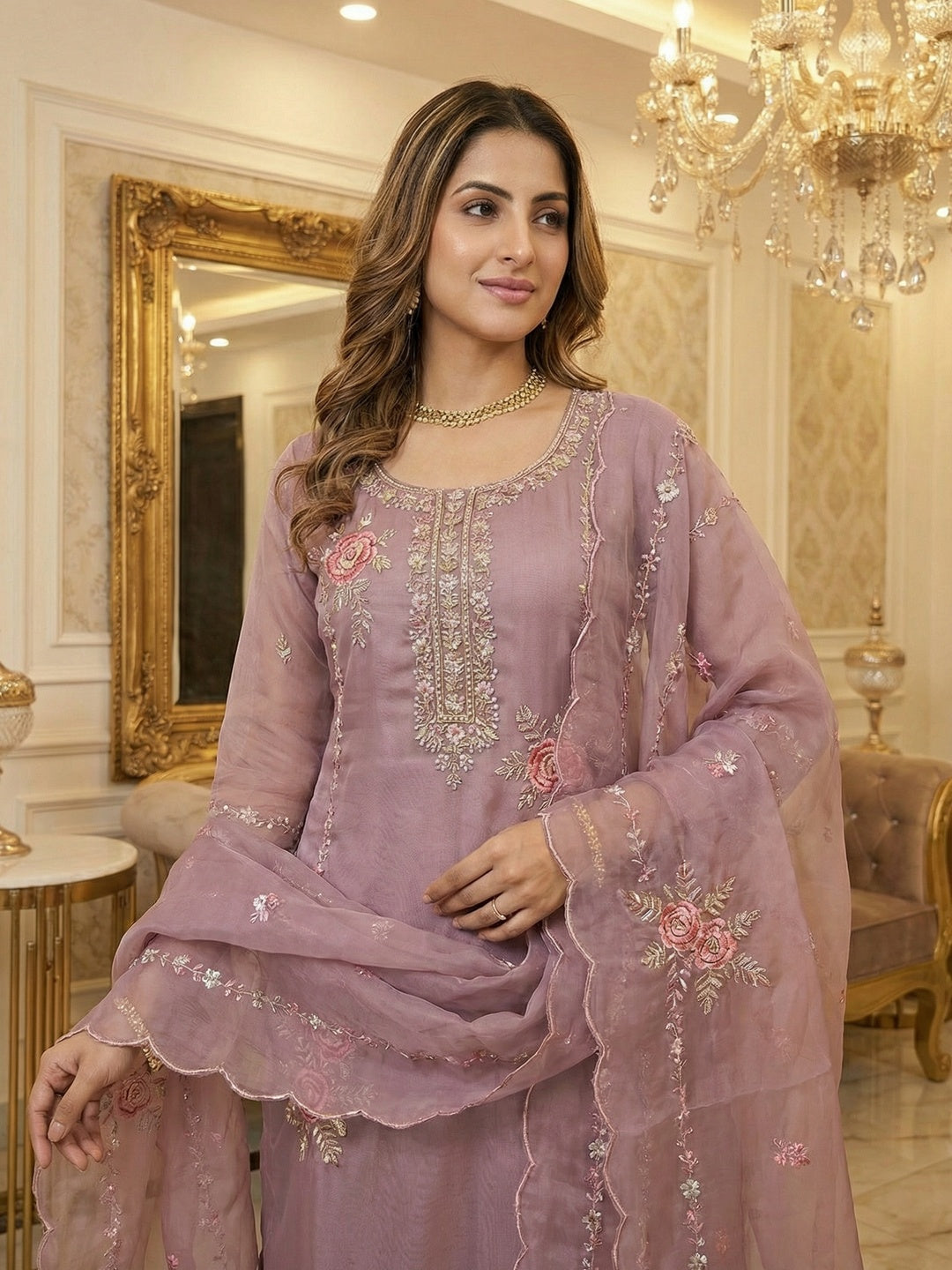 Festive Wear Lavender Floral Embroidered Organza Salwar Suit with Elegant Dupatta - Image 2