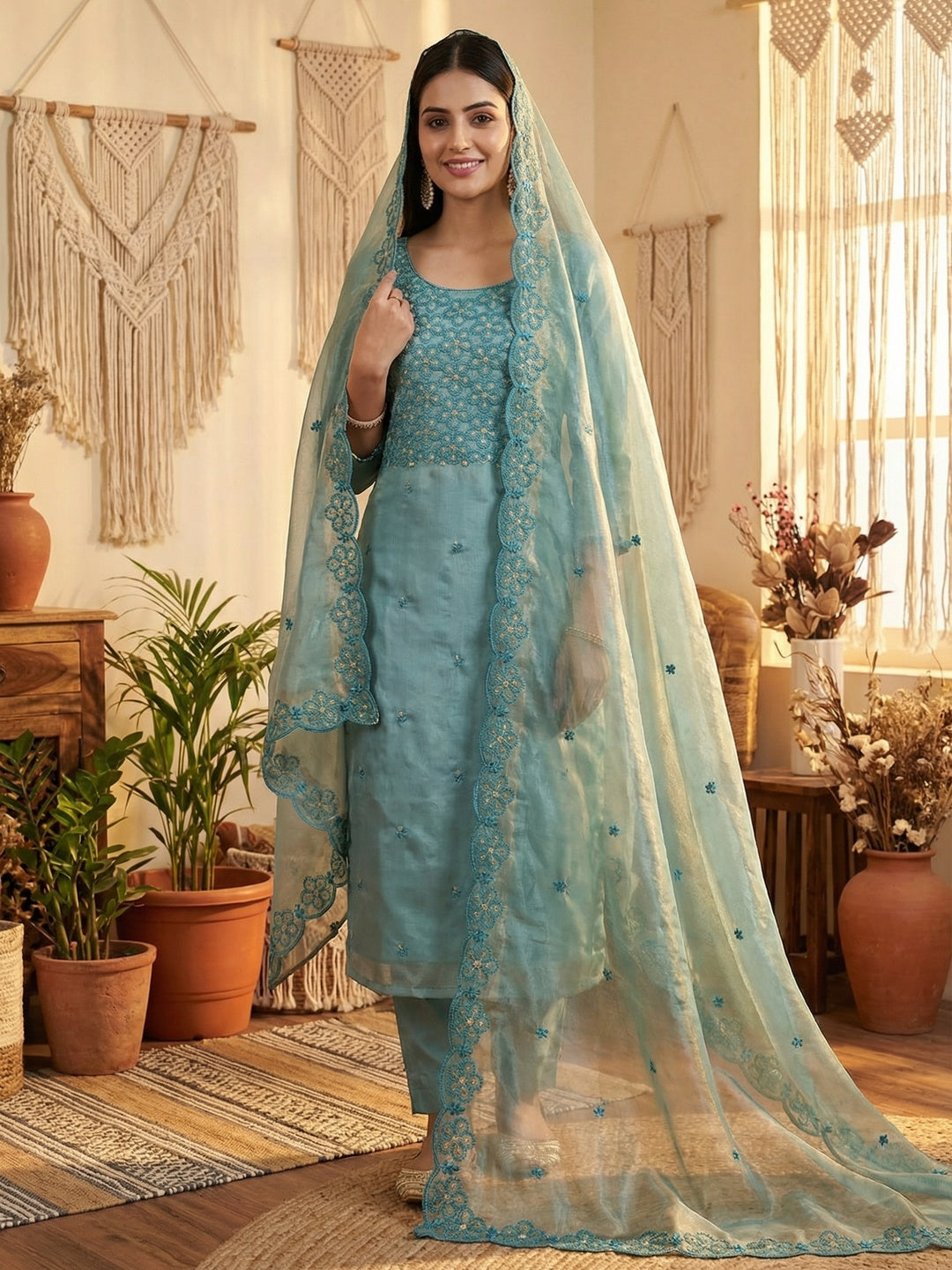 Charming Turquoise Floral Embroidery Organza Satin Silk Dress Material With Sequins Work - Image 2