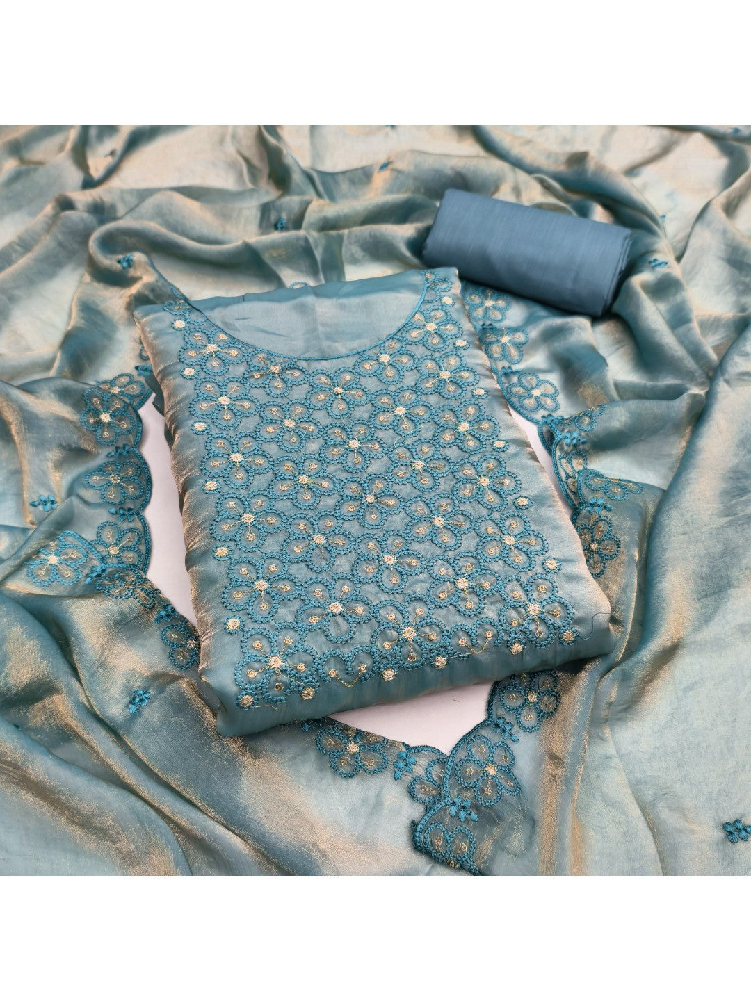 Charming Turquoise Floral Embroidery Organza Satin Silk Dress Material With Sequins Work - Image 1
