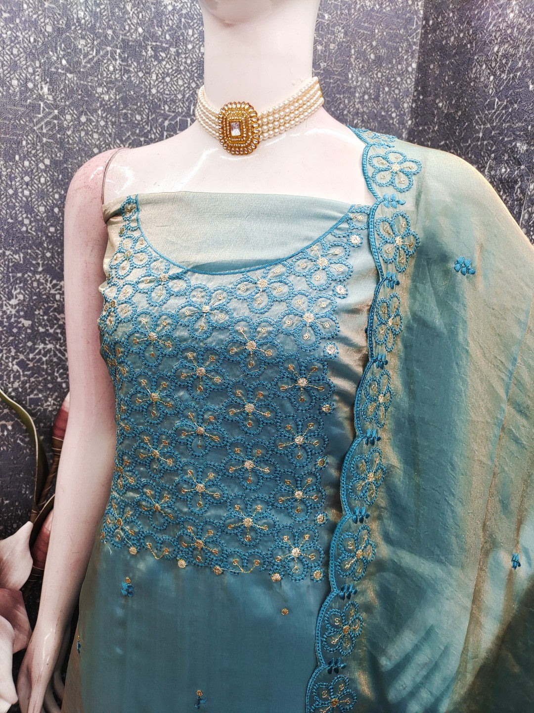 Charming Turquoise Floral Embroidery Organza Satin Silk Dress Material With Sequins Work - Image 3