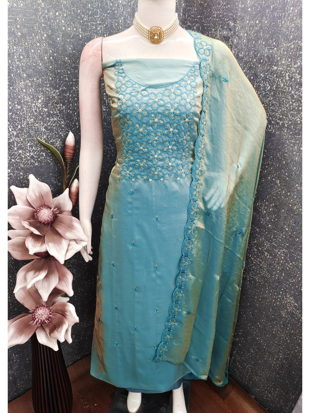 Charming Turquoise Floral Embroidery Organza Satin Silk Dress Material With Sequins Work - Image 4