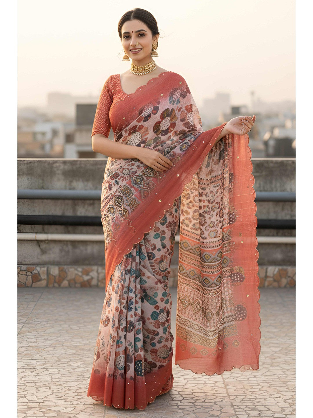 Graceful Offwhite Shimmer Saree Adorned with Floral Print and Delicate Beads Handwork - Image 1