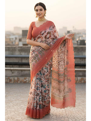 Graceful Offwhite Shimmer Saree Adorned with Floral Print and Delicate Beads Handwork - Image 1