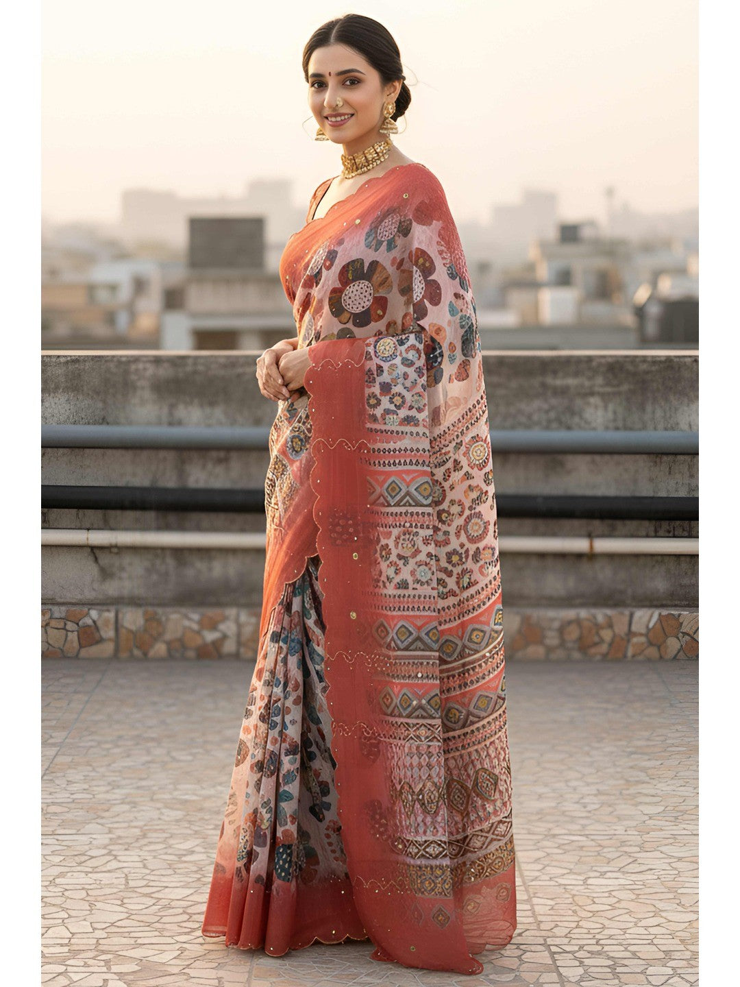 Graceful Offwhite Shimmer Saree Adorned with Floral Print and Delicate Beads Handwork - Image 5