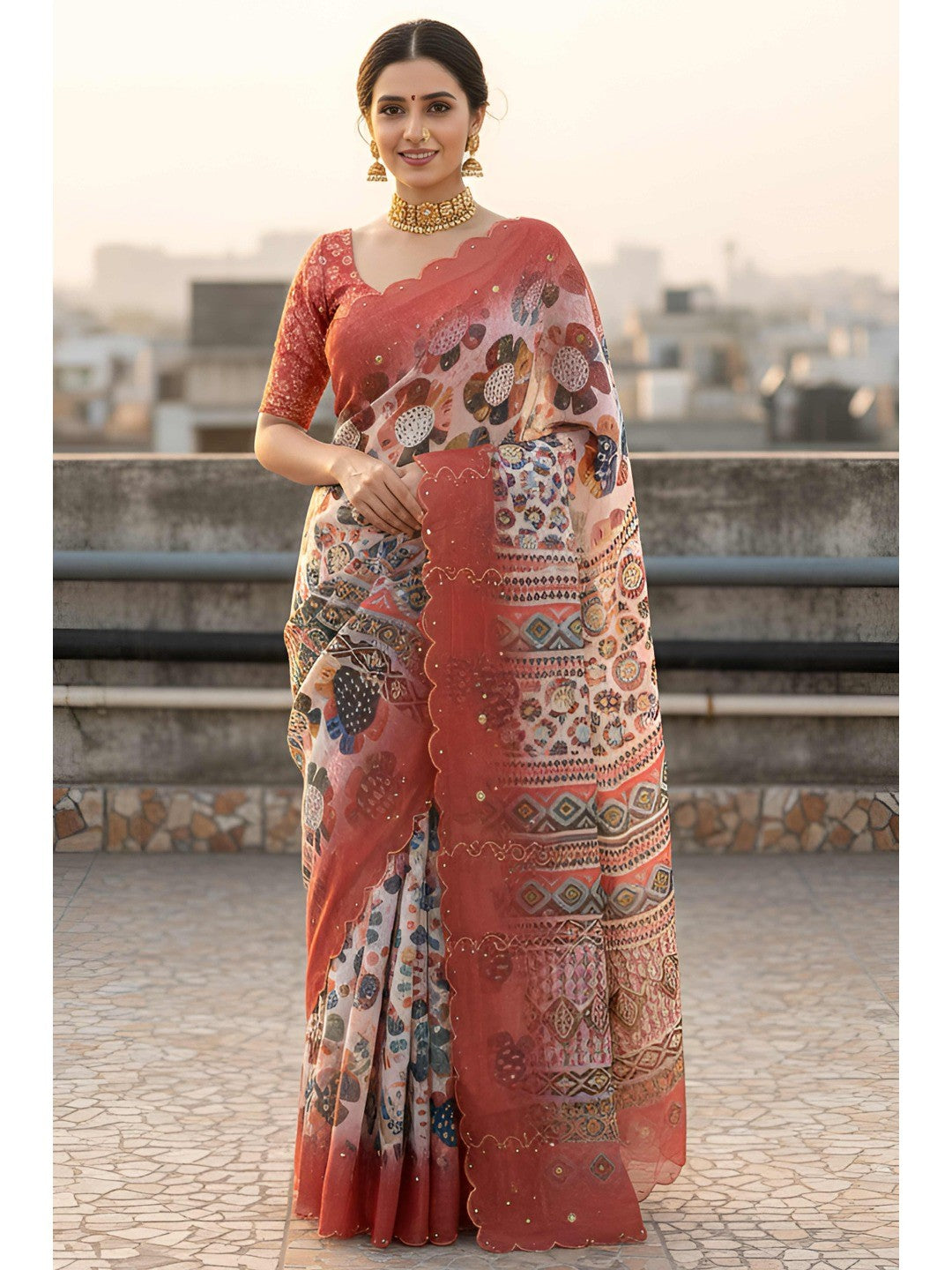 Graceful Offwhite Shimmer Saree Adorned with Floral Print and Delicate Beads Handwork - Image 2
