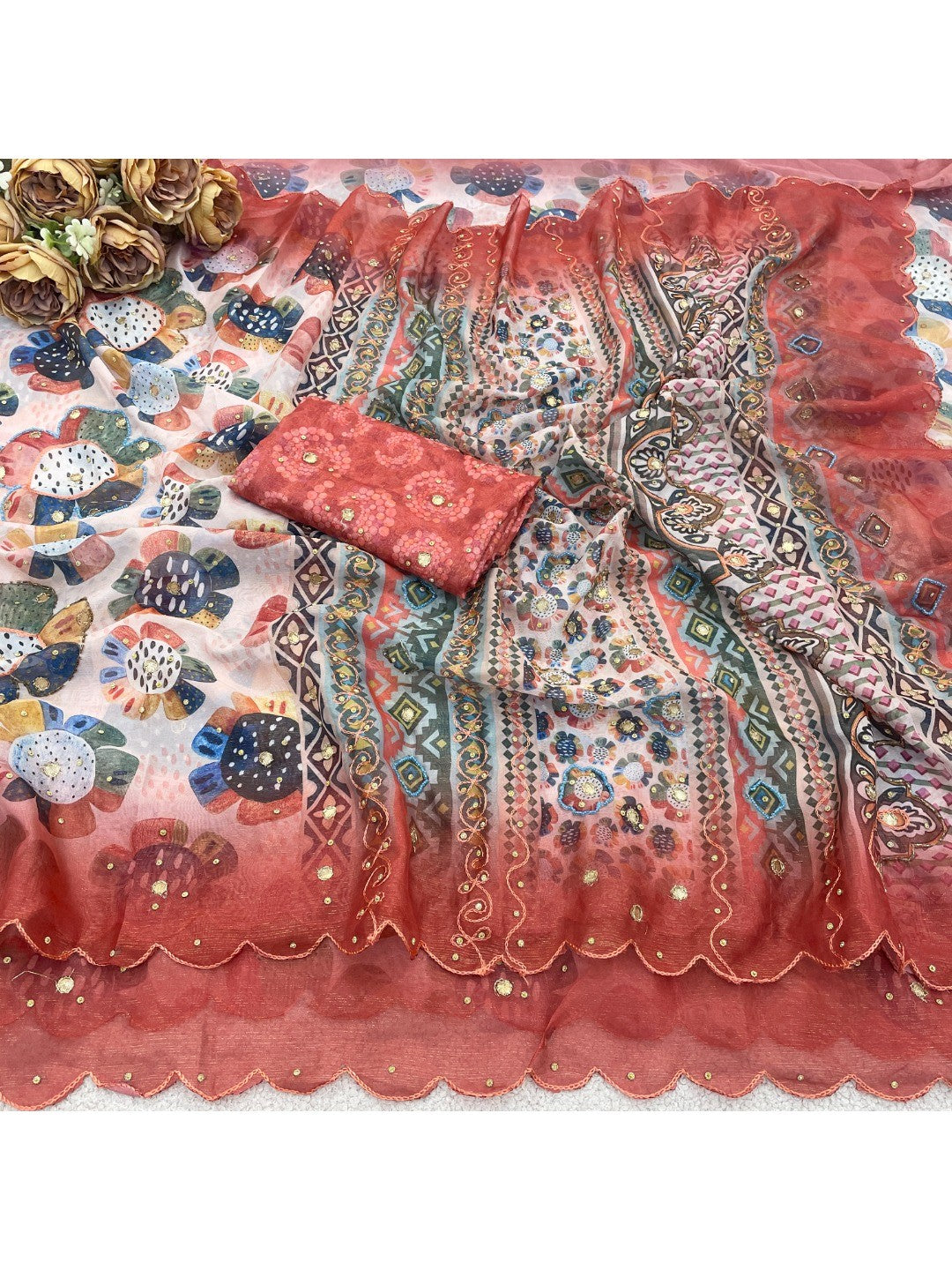 Graceful Offwhite Shimmer Saree Adorned with Floral Print and Delicate Beads Handwork - Image 3