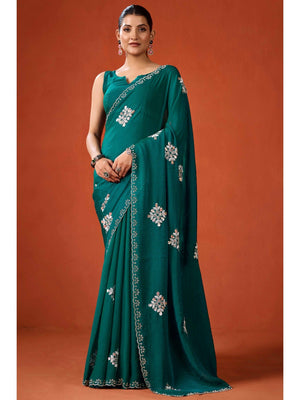 Graceful Teal Green Georgette Silk Saree Adorned with Floral Embellishments - Image 1