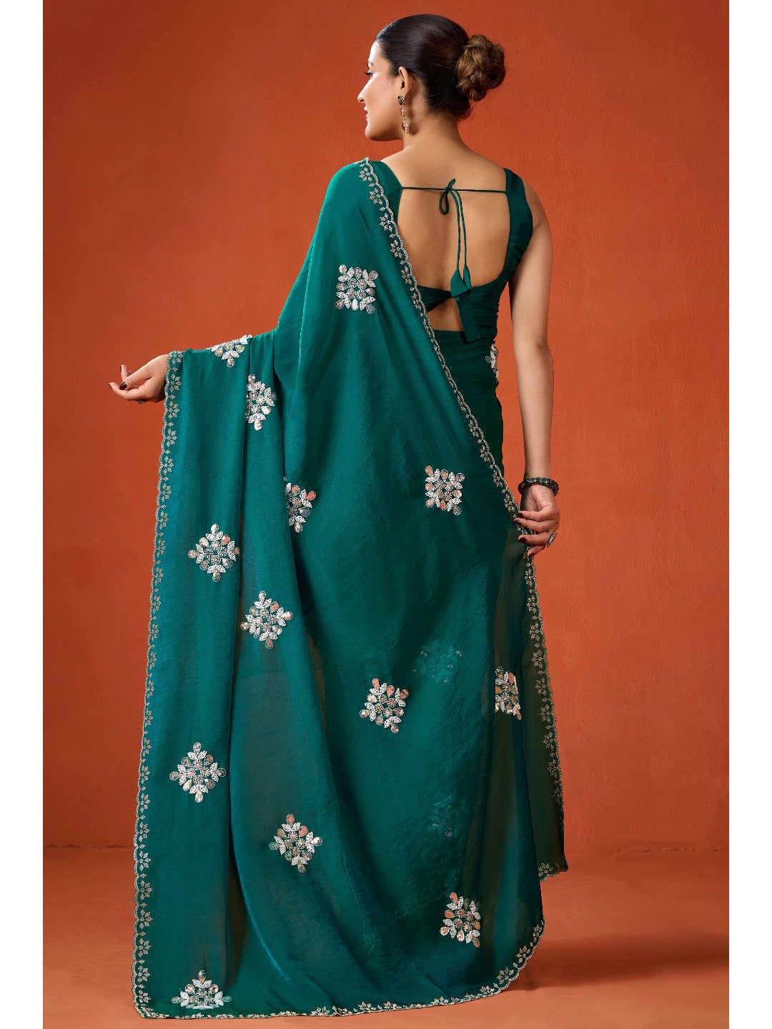 Graceful Teal Green Georgette Silk Saree Adorned with Floral Embellishments - Image 7