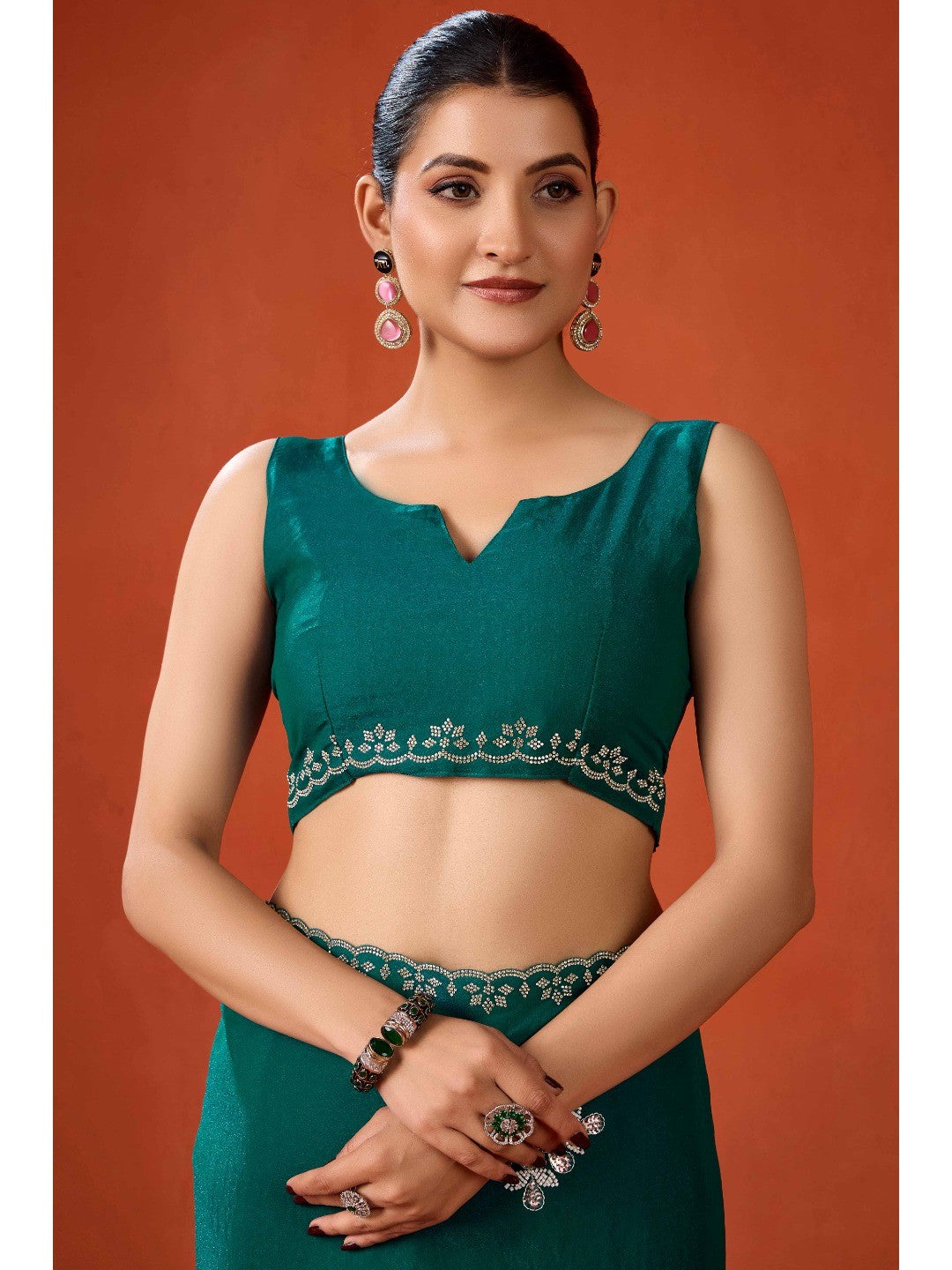 Graceful Teal Green Georgette Silk Saree Adorned with Floral Embellishments - Image 6