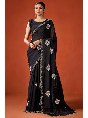 Graceful Black Georgette Silk Saree Adorned with Floral Embellishments - Image 1