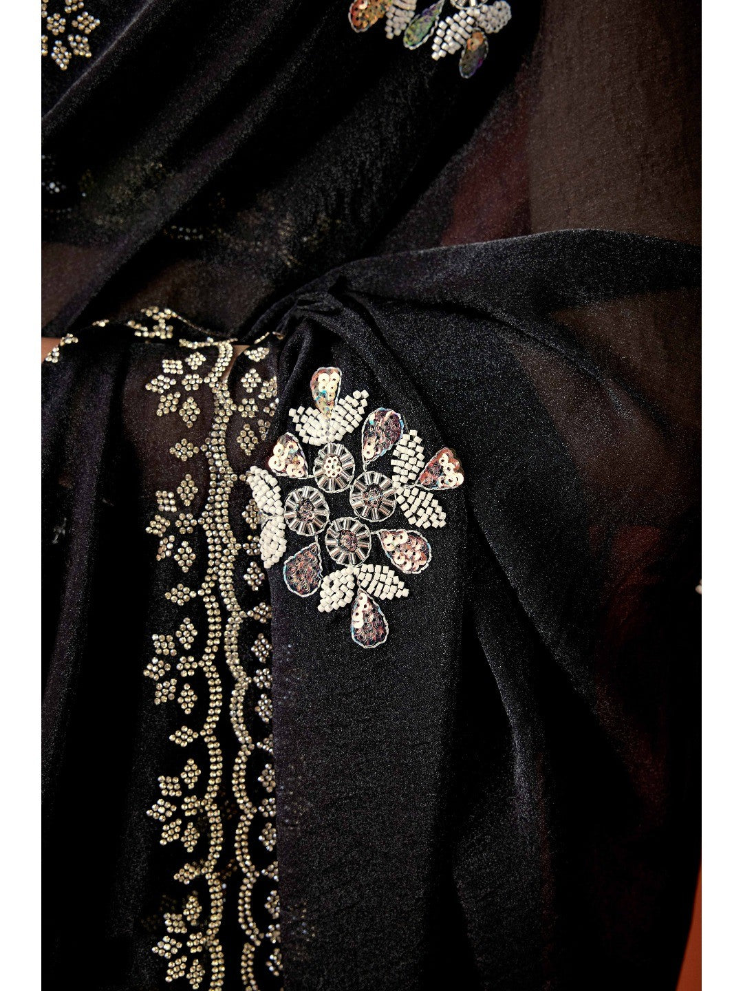 Graceful Black Georgette Silk Saree Adorned with Floral Embellishments - Image 8