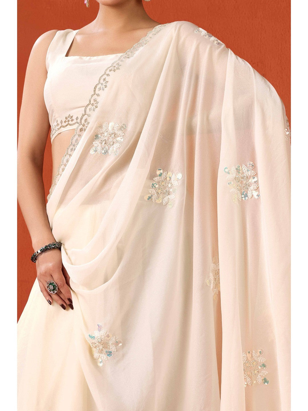 Graceful Offwhite Georgette Silk Saree Adorned with Floral Embellishments - Image 2