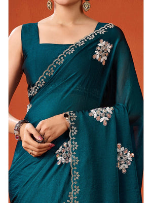 Graceful Teal Georgette Silk Saree Adorned with Floral Embellishments - Image 2