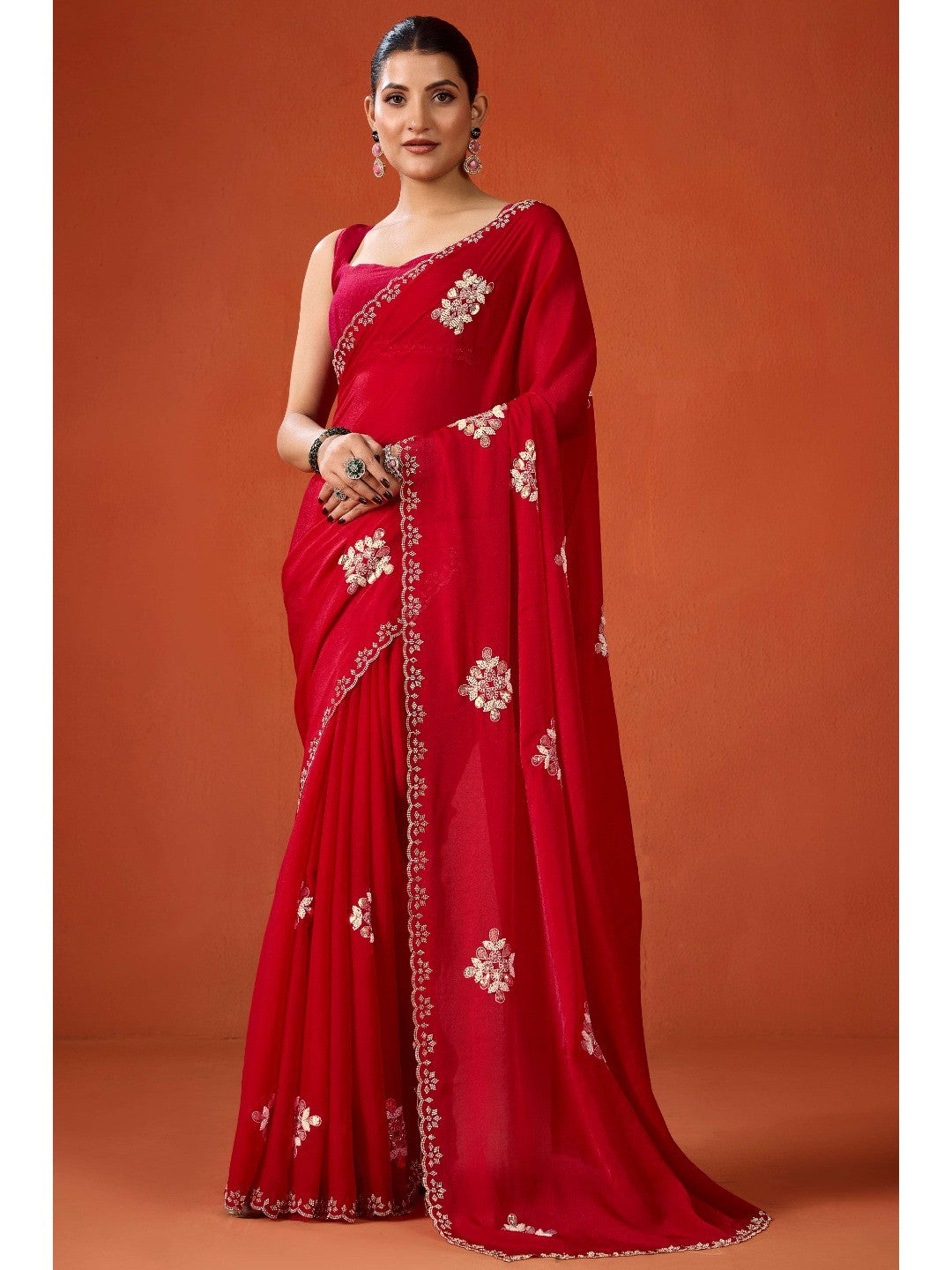Graceful Red Georgette Silk Saree Adorned with Floral Embellishments - Image 1