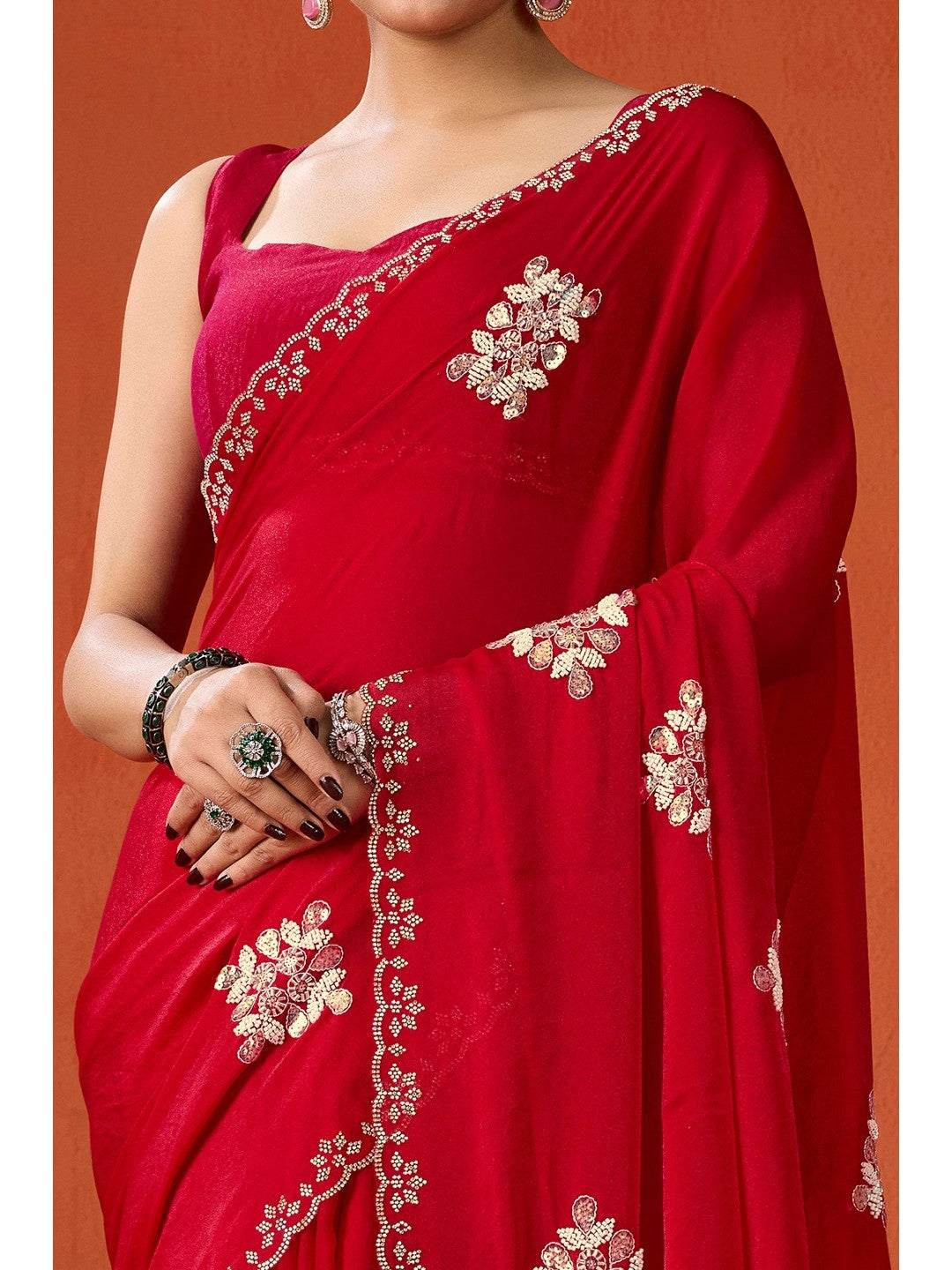 Graceful Red Georgette Silk Saree Adorned with Floral Embellishments - Image 2