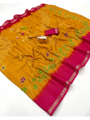 Mustard Floral Printed Georgette Saree with Pink Border - Image 1