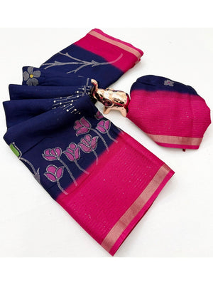 Navy Blue Floral Print Georgette Saree Featuring Lightweight Fabric and Beautiful Pink Border Detailing - Image 2