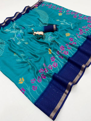 Turquoise Floral Print Georgette Saree Featuring Lightweight Fabric and Beautiful Blue Border Detailing - Image 1