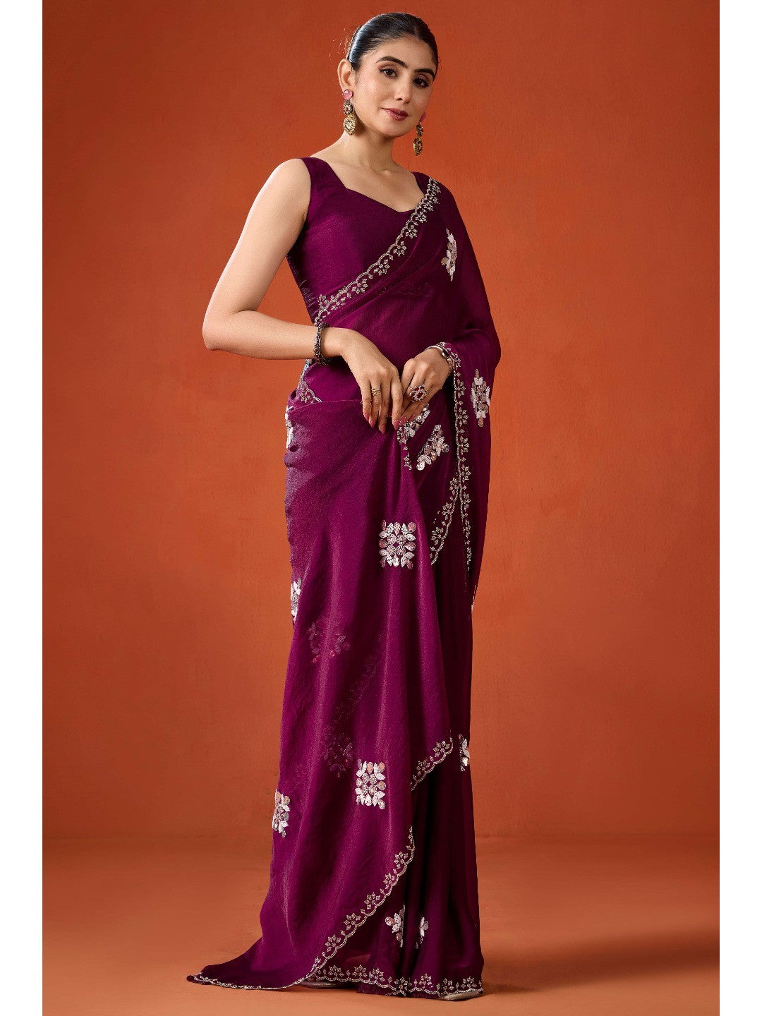 Graceful Purple Georgette Silk Saree Adorned with Floral Embellishments - Image 1