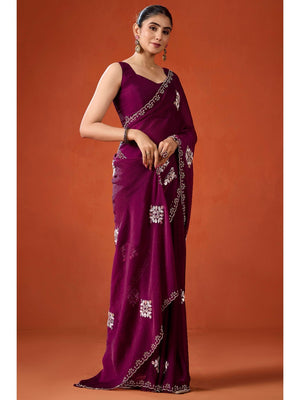 Graceful Purple Georgette Silk Saree Adorned with Floral Embellishments - Image 1